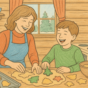 Young Acorn makes cookies with his mom